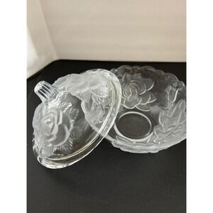 Trinket Dish Clear Frosted Rose Embossed Crystal Glass Lidded Bowl Collectible